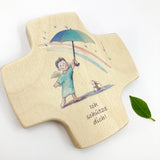 Taufgeschenke Kinderkreuz Geschenk für Taufe Kreuz Bild Engel Engelsmotiv, Holzkreuz für Kinder Kreuz Taufkreuz, Wandkreuz Jungen Junge Bub Geschenk Taufe Junge Schutzengel Engel 9 cm klein Geschenk Geburt neutral blau geschlechtsneutral Regenbogen Hase