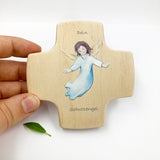 Taufgeschenke Kinderkreuz Geschenk für Taufe Kreuz Bild Engel Engelsmotiv, Holzkreuz für Kinder Kreuz Taufkreuz, Wandkreuz Jungen Junge Bub Geschenk Taufe Junge Schutzengel Engel 9 cm klein Geschenk Geburt neutral blau
