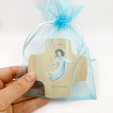 Taufgeschenke Kinderkreuz Geschenk für Taufe Kreuz Bild Engel Engelsmotiv, Holzkreuz für Kinder Kreuz Taufkreuz, Wandkreuz Jungen Junge Bub Geschenk Taufe Junge Schutzengel Engel 9 cm klein Geschenk Geburt neutral blau