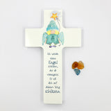 Taufgeschenke Kinderkreuz Geschenk für Taufe Kreuz Bild Engel Engelsmotiv, Holzkreuz für Kinder Kreuz Taufkreuz, Wandkreuz Mädchen Geschenk Taufe Mädchen Junge Schutzengel Engel rosa 9 cm klein Geschenk Geburt