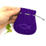 Rosenkranzbeutel, Beutel für Rosenkranz, Aufbewahrung, Etui, Schmuckbeutel für Rosenkränze, violett, lila, Fisch, Fischmotiv