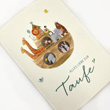 Karte Taufe, Taufkarte, Glückwunschkarte zur Taufe, Grußkarte Taufe, Arche Noah, Tiere, Tiermotiv, Kindermotiv, Zeichnung
