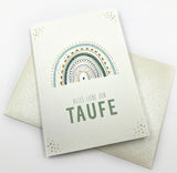 Karte Taufe, Taufkarte, Glückwunschkarte zur Taufe, Grußkarte Taufe, Regenbogen, grün, Kindermotiv, Zeichnung