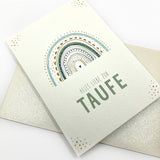 Karte Taufe, Taufkarte, Glückwunschkarte zur Taufe, Grußkarte Taufe, Regenbogen, grün, Kindermotiv, Zeichnung