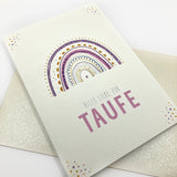 Karte Taufe, Taufkarte, Glückwunschkarte zur Taufe, Grußkarte Taufe, Regenbogen, rosa, Kindermotiv, Zeichnung