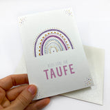 Karte Taufe, Taufkarte, Glückwunschkarte zur Taufe, Grußkarte Taufe, Regenbogen, rosa, Kindermotiv, Zeichnung