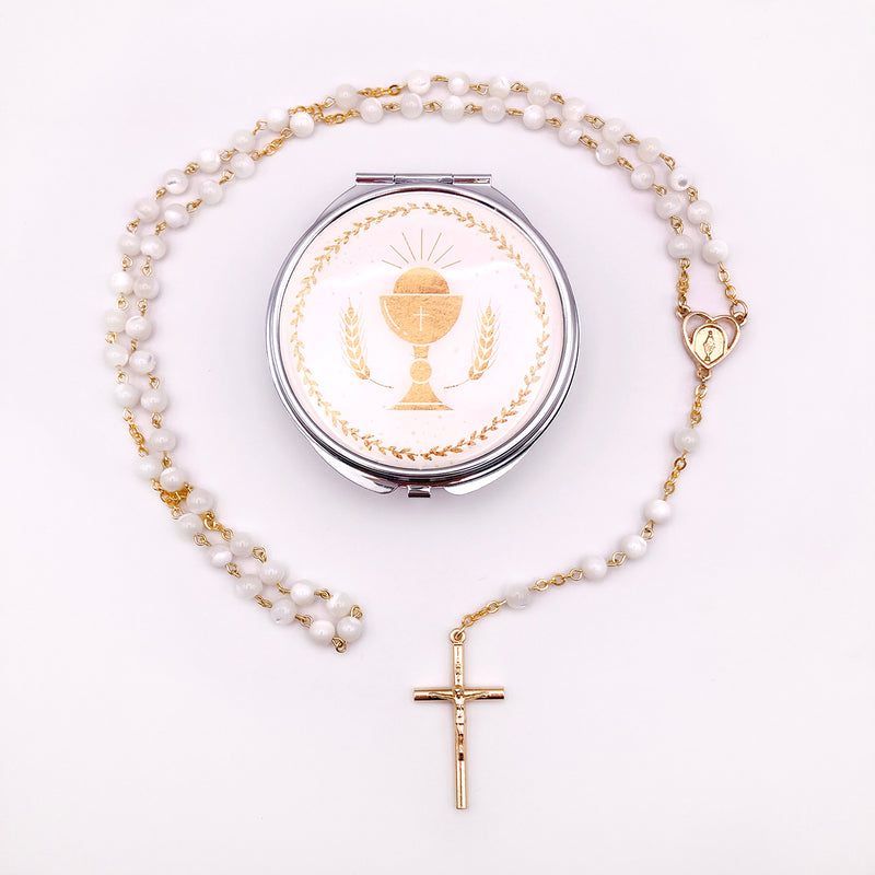 Rosenkranzdose Dose für Rosenkranz kommunionsrosenkranz rosenkranzkette echt perlmutt kommunionsgeschenk Erstkommunion Etui Aufbewahrung Rosenkranz Metalldose Schmuckdose Schmuckaufbewahrung, Taufschmuck weiß gold rund 7cm religiöses und christliches Motiv: Kelch Geschenk Konfirmation Firmung KommunionErstkommunion Taufe Taufgeschenk, Reiseschmuckdose Reiseschmucketui für Jungen Jungs Bub Buben Mädchen katholisches Motiv religiöses Set Geschenkset 