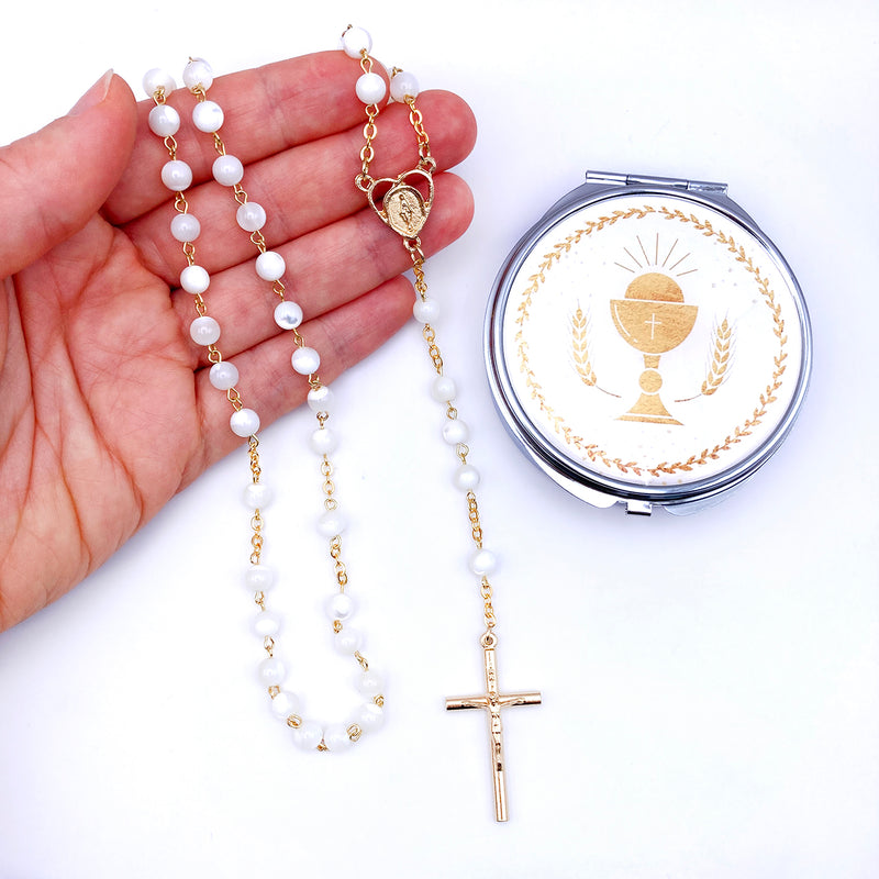 Rosenkranzdose Dose für Rosenkranz kommunionsrosenkranz rosenkranzkette echt perlmutt kommunionsgeschenk Erstkommunion Etui Aufbewahrung Rosenkranz Metalldose Schmuckdose Schmuckaufbewahrung, Taufschmuck weiß gold rund 7cm religiöses und christliches Motiv: Kelch Geschenk Konfirmation Firmung KommunionErstkommunion Taufe Taufgeschenk, Reiseschmuckdose Reiseschmucketui für Jungen Jungs Bub Buben Mädchen katholisches Motiv religiöses Set Geschenkset 