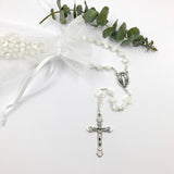 Rosenkranz, weißer Rosenkranz, Perlmuttosenkranz, Perlmutt weiß, Erstkommunion Geschenk für Mädchen, Kommunionsrosenkranz, Hochzeit, langer Rosenkranz, weiße Perlmuttperlen, kleine Kreuzchen als Zwischenperle