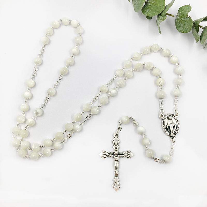 Rosenkranz, weißer Rosenkranz, Perlmuttosenkranz, Perlmutt weiß, Erstkommunion Geschenk für Mädchen, Kommunionsrosenkranz, Hochzeit, langer Rosenkranz, weiße Perlmuttperlen, kleine Kreuzchen als Zwischenperle