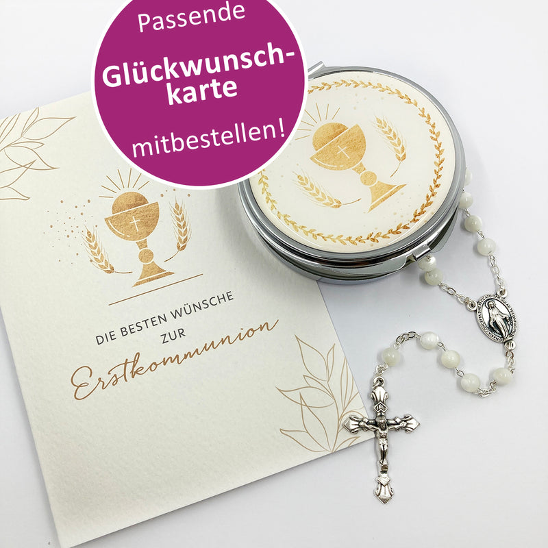 Kommunionsrosenkranz Rosenkranz Erstkommunion weiß weiss perlmutt perlmut perlmutrosenkranz perlmuttrosenkranz mit etui Kelch 