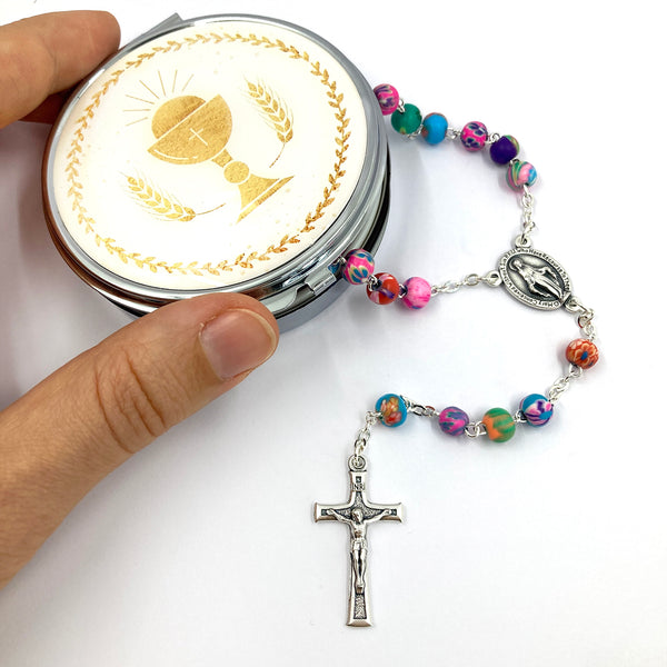 Bunter Rosenkranz Fimo, in Rosenkranzdose