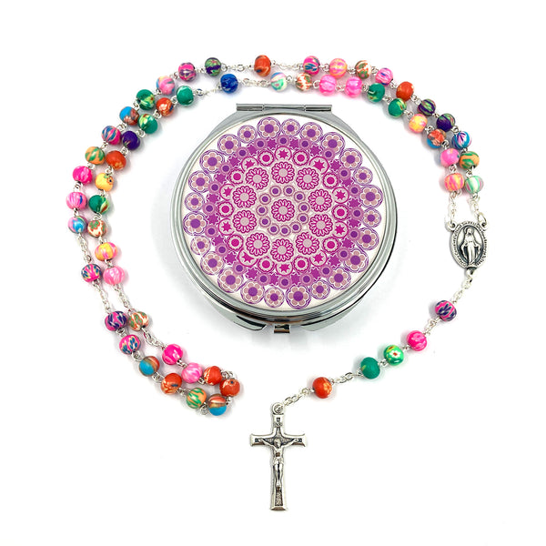 Bunter Rosenkranz Fimo, in Rosenkranzdose