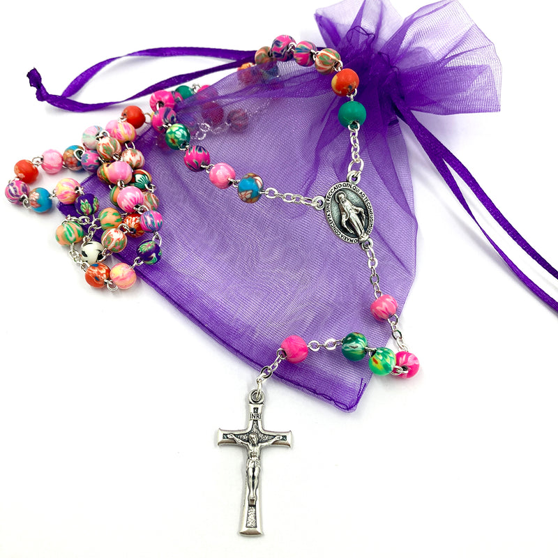 Rosenkranz mit bunten Perlen Kommunionsgeschenk Geschenk zur Firmung Bunter Rosenkranz für Kinder Kinderrosenkranz Fimoperlen Kommunionsrosenkranz Kommunoinrosenkranz Mädchen bunt