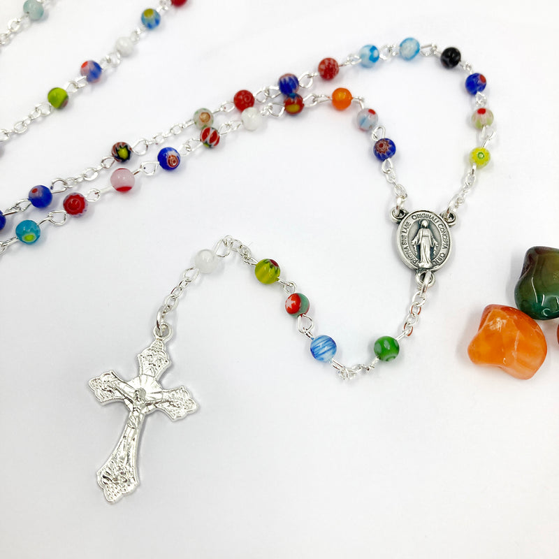 Besonderer Bunter Rosenkranz, Muranoglas-Perlen, Glas, Kinderrosenkranz, Geschenk Mädchen und Junge, Konfirmation, Kommunion