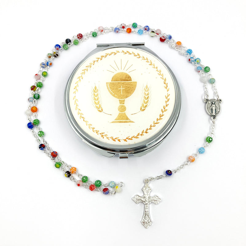 Bunter Rosenkranz, Muranoglas-Perlen, Glas, Kinderrosenkranz, Geschenk Mädchen und Junge, Konfirmation, Kommunion, Taufgeschenk, Kommuinionsrosenkrnaz, Mittelstück Kelch, Erstkommunionsgeschenk, Taufrosenkranz, Kommunionsrosenkranz, Geschenk Firmung, Konfirmation, Erstkommunoin, Jugendweihe