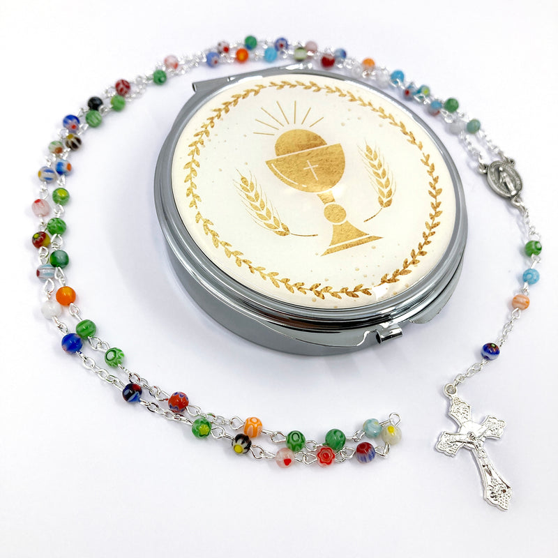 Bunter Rosenkranz Murano, in Rosenkranzdose