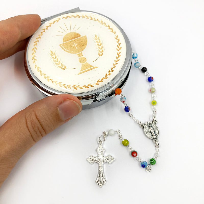 Bunter Rosenkranz, Muranoglas-Perlen, Glas, Kinderrosenkranz, Geschenk Mädchen und Junge, Konfirmation, Kommunion, Taufgeschenk, Kommuinionsrosenkrnaz, Mittelstück Kelch, Erstkommunionsgeschenk, Taufrosenkranz, Kommunionsrosenkranz, Geschenk Firmung, Konfirmation, Erstkommunoin, Jugendweihe