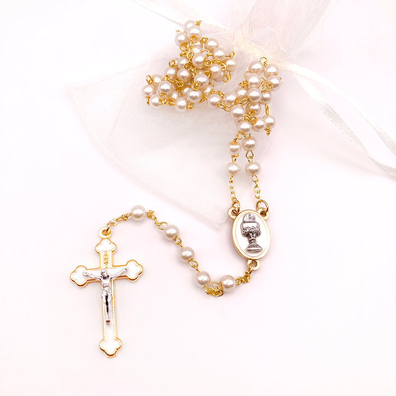 Kommunionsrosenkranz für Mädchen zur Erstkommunion Geschenk set etui kelch Rosenkranzdose Dose für Rosenkranz kommunionsrosenkranz rosenkranzkette echt perlmutt kommunionsgeschenk Erstkommunion Etui Aufbewahrung Rosenkranz Metalldose Schmuckdose Schmuckaufbewahrung, Taufschmuck weiß gold rund 7cm religiöses und christliches Motiv: Kelch Geschenk Konfirmation Firmung KommunionErstkommunion Taufe Taufgeschenk für Mädchen katholisches Motiv religiöses