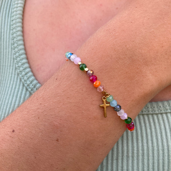 Armband, bunte Kristallperlen, Kreuzanhänger