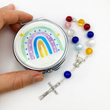 Set Geschenk Taufe Taufgeschenk Jungen Mädchen neutral Regenbogen bunt Rosenkranz Kinderrosenkranz Taufrosenkranz mit Etui Schmuckdose Taufschmuck 