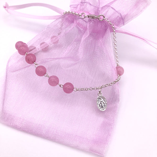 Armband zur Erstkommunion  Kommunion  Kommunionsgeschenk Geschenk für Mädchen Rosenquarzrosenkranz  Edelstein  Edelsteinrosenkranz  Rosenkranz rosa pink Rosenquarz Silber Geschenk Konfirmation Firmung  Mädchen Weihnachtsgeschenk Armband für Frauen echt Rosenkquarz 925 Sterlingsilber echt silber