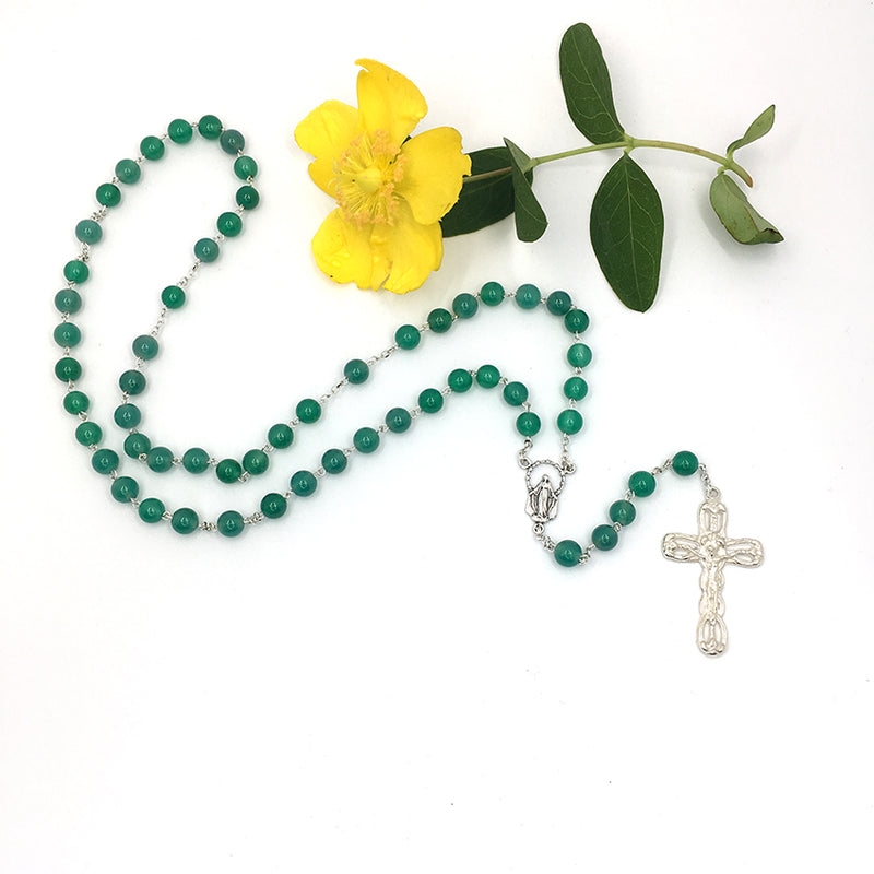 Rosenkranz für Jungen zur Erstkommunion, Kommunion, Konfirmation, Firmung, klassisches Geschenk Firmung, Rosenkranz, Holz, grün, Aventurin, echt Silber, Silberrosenkranz, Edelsteinrosenkranz, aventurin, Rosenkranz zum Umhängen