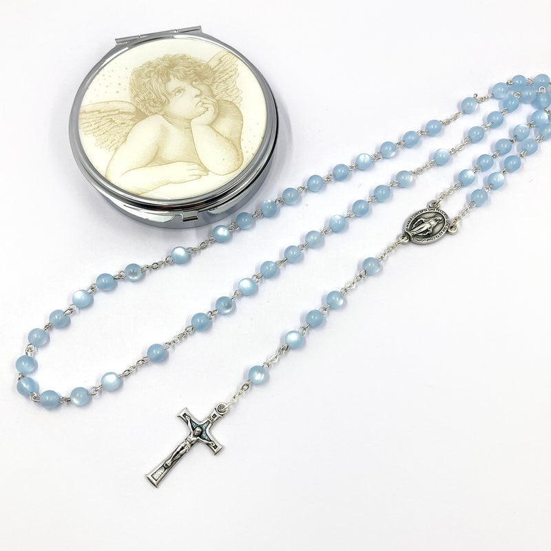 blauer Glasrosenkranz Glasperlen Taufgeschenk Bub Junge Rosenkranz zur Kommunion  Rosenkranz mit Etui Dose Schmuckdose Rosenkranzdose Engel Geschenk zur Konfirmation Firmung Rosenkranz für Jungen Buben Bub mit Rosenkranzdose, Schmuckdose Taufschmuck blau hellblau, Rosenkranzdose, Etui Dose Engel 