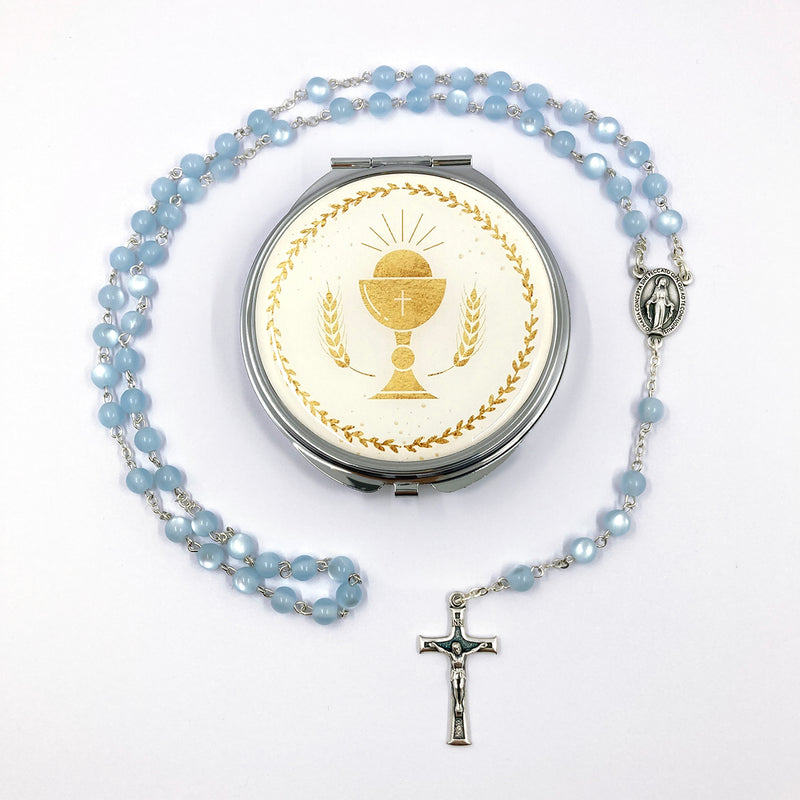 blauer Glasrosenkranz Glasperlen, Rosenkranz zur Kommunion Kommunionsrosenkranz  Rosenkranz mit Etui Dose Schmuckdose Rosenkranzdose Kelch Geschenk zur Konfirmation Firmung Rosenkranz für Jungen Buben Bub mit Rosenkranzdose, Schmuckdose Taufschmuck, Jugendweihe türkis blau hellblau, Rosenkranzdose, Etui