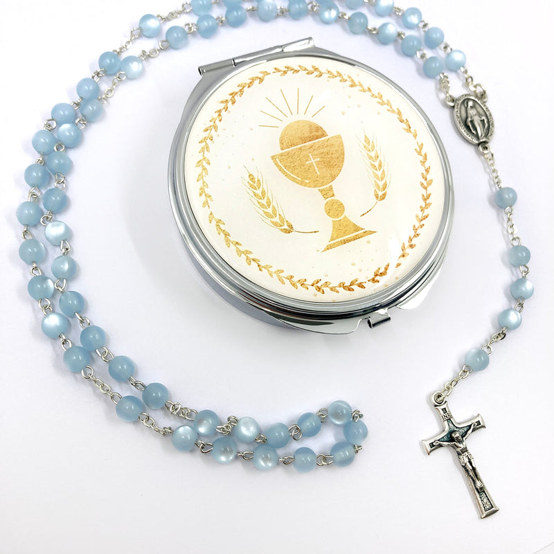 blauer Glasrosenkranz Glasperlen, Rosenkranz zur Kommunion Kommunionsrosenkranz  Rosenkranz mit Etui Dose Schmuckdose Rosenkranzdose Kelch Geschenk zur Konfirmation Firmung Rosenkranz für Jungen Buben Bub mit Rosenkranzdose, Schmuckdose Taufschmuck, Jugendweihe türkis blau hellblau, Rosenkranzdose, Etui