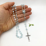 blauer Rosenkranz für Junge Bub Geschenk zur Kommunion hellblau mit Etui Fisch Fischmotiv Schmuckdose Dose Metall christliches Motiv katholisch Geschenk Kommunionsrosenkranz Konfirmation Firmung Rosenkranz für Jungen Buben Bub Mann mit Rosenkranzdose Taufschmuck Jugendweihe Taufe