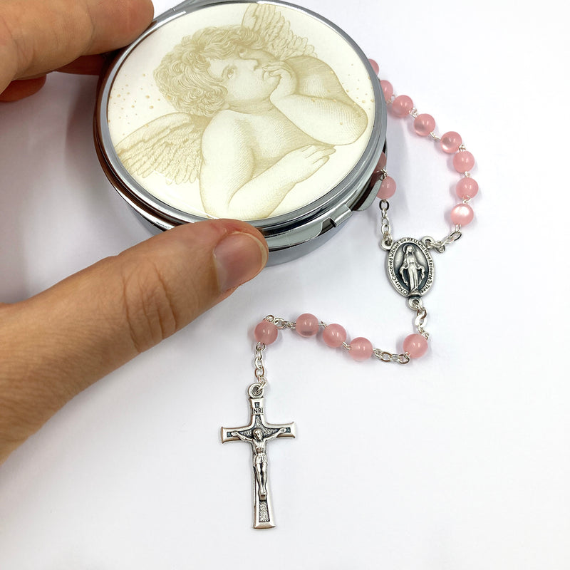 rosa pink Glasrosenkranz Glasperlen Taufgeschenk Mädchen Rosenkranz zur Kommunion  Rosenkranz mit Etui Dose Schmuckdose Rosenkranzdose Engel Geschenk zur Konfirmation Firmung Rosenkranz mit Rosenkranzdose, Schmuckdose Taufschmuck Rosenkranzdose Etui Dose Engel 