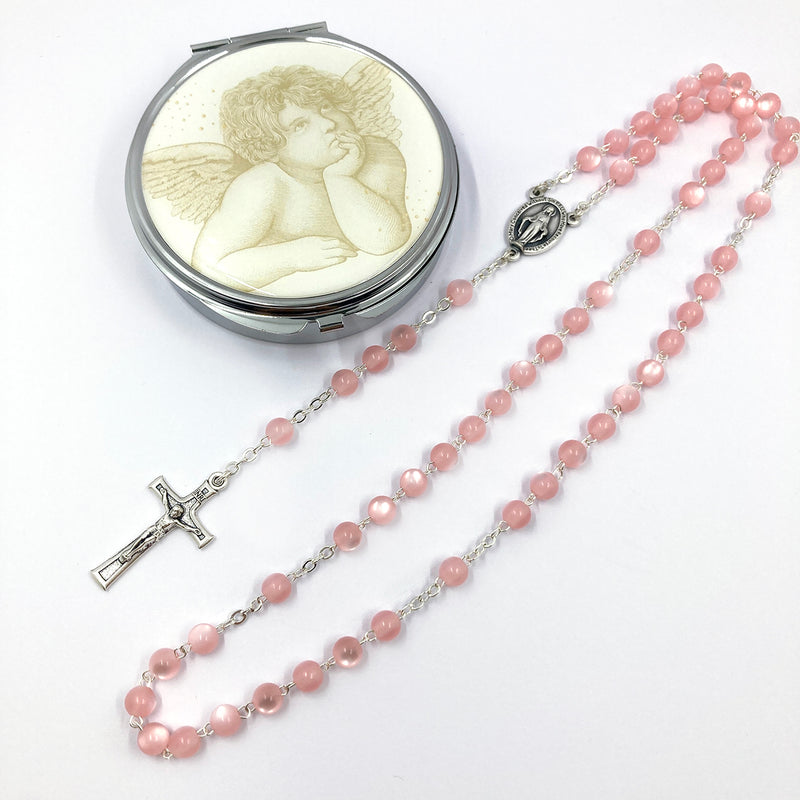 rosa pink Glasrosenkranz Glasperlen Taufgeschenk Mädchen Rosenkranz zur Kommunion  Rosenkranz mit Etui Dose Schmuckdose Rosenkranzdose Engel Geschenk zur Konfirmation Firmung Rosenkranz mit Rosenkranzdose, Schmuckdose Taufschmuck Rosenkranzdose Etui Dose Engel 