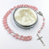 rosa pink Glasrosenkranz Glasperlen Taufgeschenk Mädchen Rosenkranz zur Kommunion  Rosenkranz mit Etui Dose Schmuckdose Rosenkranzdose Engel Geschenk zur Konfirmation Firmung Rosenkranz mit Rosenkranzdose, Schmuckdose Taufschmuck Rosenkranzdose Etui Dose Engel 
