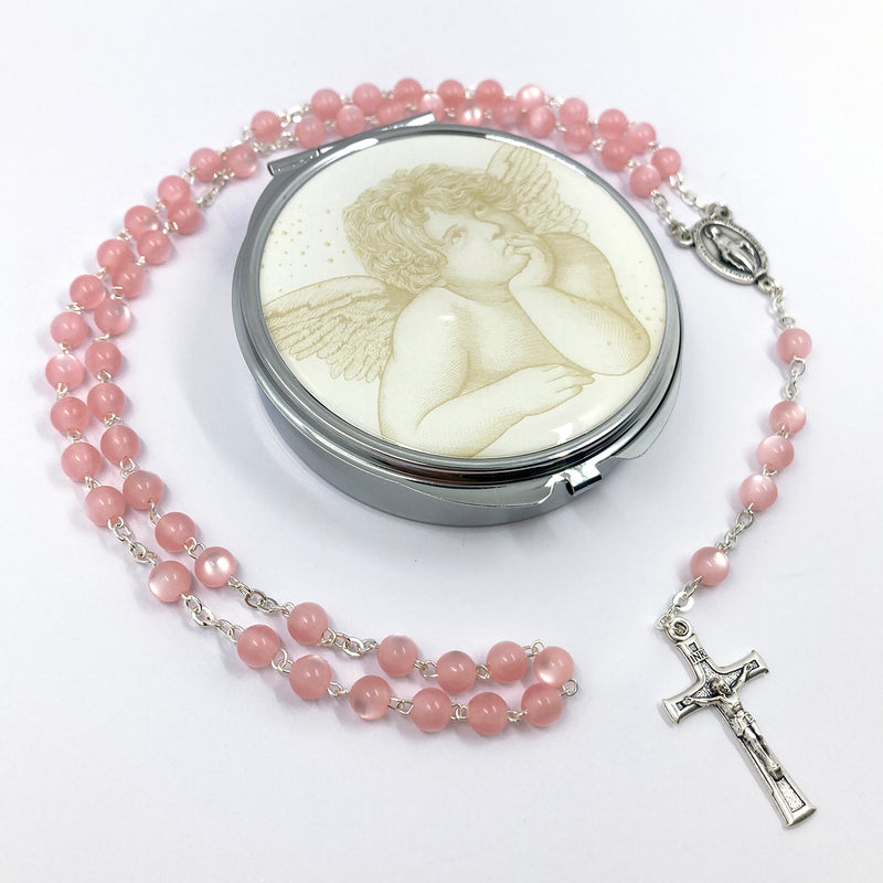 rosa pink Glasrosenkranz Glasperlen Taufgeschenk Mädchen Rosenkranz zur Kommunion  Rosenkranz mit Etui Dose Schmuckdose Rosenkranzdose Engel Geschenk zur Konfirmation Firmung Rosenkranz mit Rosenkranzdose, Schmuckdose Taufschmuck Rosenkranzdose Etui Dose Engel 