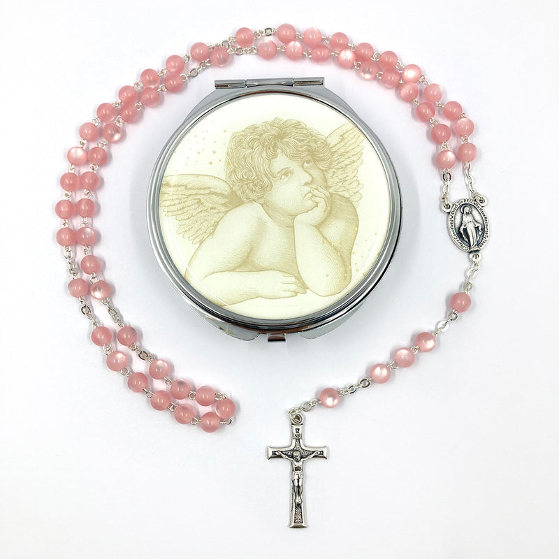 rosa pink Glasrosenkranz Glasperlen Taufgeschenk Mädchen Rosenkranz zur Kommunion  Rosenkranz mit Etui Dose Schmuckdose Rosenkranzdose Engel Geschenk zur Konfirmation Firmung Rosenkranz mit Rosenkranzdose, Schmuckdose Taufschmuck Rosenkranzdose Etui Dose Engel 