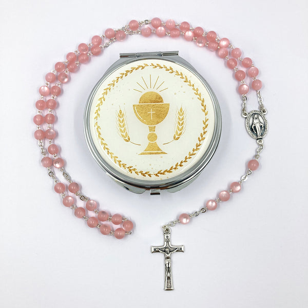 Glasrosenkranz, Glasperlen, Rosenkranz zur Kommunion, Kommunionsrosenkranz, Rosenkranz zur Konfirmation, Firmung, Rosenkranz für Mädchen rosa, pink, mit Rosenkranzdose, Kelch, Kelch Etui, Etui, Kinderrosenkranz, Kommunionsgeschenk, Geschenk Firmung, Konfirmation für Mädchen, mit Dose box, rosa pink