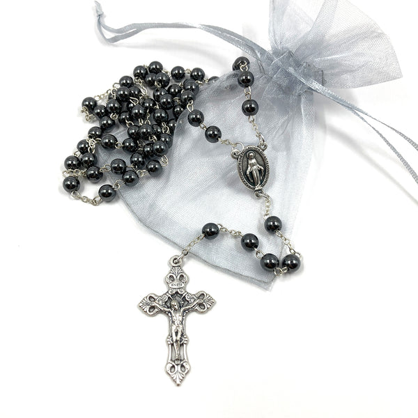 schwarzer Rosenkranz Blutstein Edelstein dunkler Rosenkranz Trauerrosenkranz Trauer Beten Gebetskette Rosenkranzkette Hämatit Geschenk zur Firmung Konfirmation Männerrosenkranz Rosenkranzkette Gebetskette
