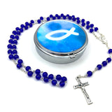 blauer dunkelblau Rosenkranz zur Konfirmation Firmung Geschenk Kommunion Glasrosenkranz Glasperlen Kommunionsrosenkranz Rosenkranz zur Rosenkranz für Jungen Buben Bub Mann Männer mit Rosenkranzdose Etui Fisch Fischmotiv Schmuckdose Taufschmuck Jugendweihe royalblau