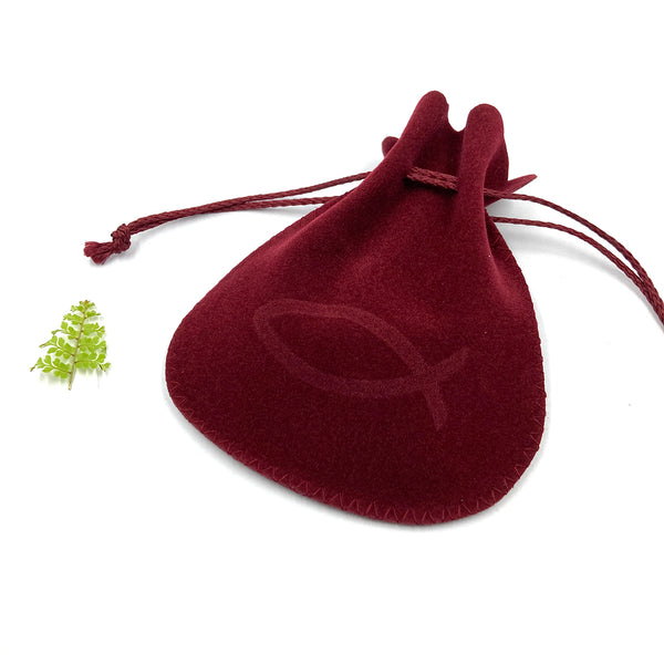 Rosenkranzbeutel, Beutel für Rosenkranz, Aufbewahrung, Etui, Schmuckbeutel für Rosenkränze, rot, weinrot, bordeaux, Fisch, Fischmotiv