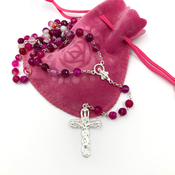 Rosenkranz, rosa, pink, Rosenquarz, echt Silber, Silberrosenkranz, Firmung, Erstkommunion, Taufe, Rosenquarzrosenkranz, Edelstein, Edelsteinrosenkranz, Rosenkranz, Edelstein, Rosenquarz, rosa, Silber, Geschenk Konfirmation Mädchen, Achat pink