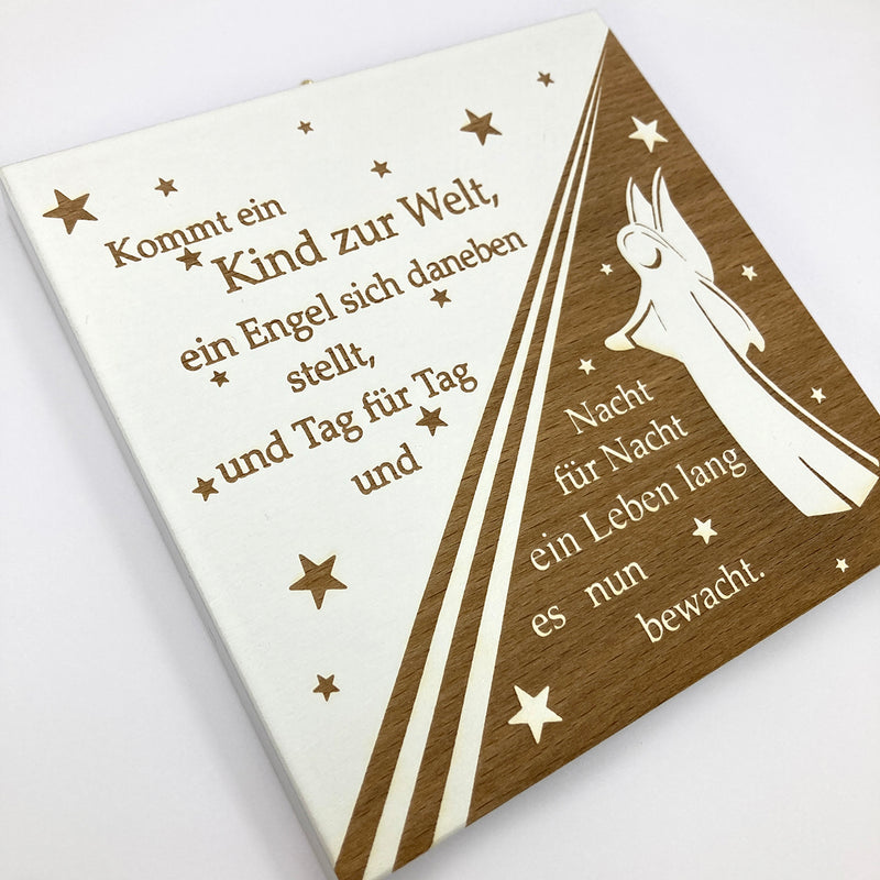 Kinderbild Engelbild Schutzengelbild Holzbild 14 x 14 cm Taufgeschenk für Jungen Mädchen Kinder Baby GEschenk zur Geburt Babyparty nachhaltig hochwertig Holzbild für Kinder Sterne Engelmotiv modernes Geschenk TAufe Taufbild