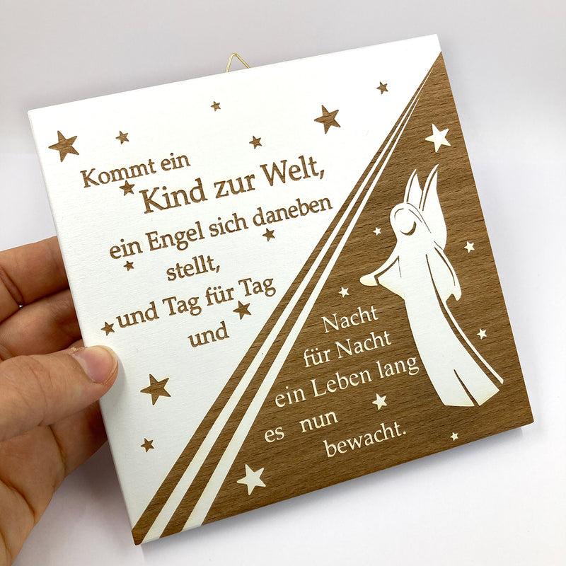 Kinderbild Engelbild Schutzengelbild Holzbild 14 x 14 cm Taufgeschenk für Jungen Mädchen Kinder Baby GEschenk zur Geburt Babyparty nachhaltig hochwertig Holzbild für Kinder Sterne Engelmotiv modernes Geschenk TAufe Taufbild