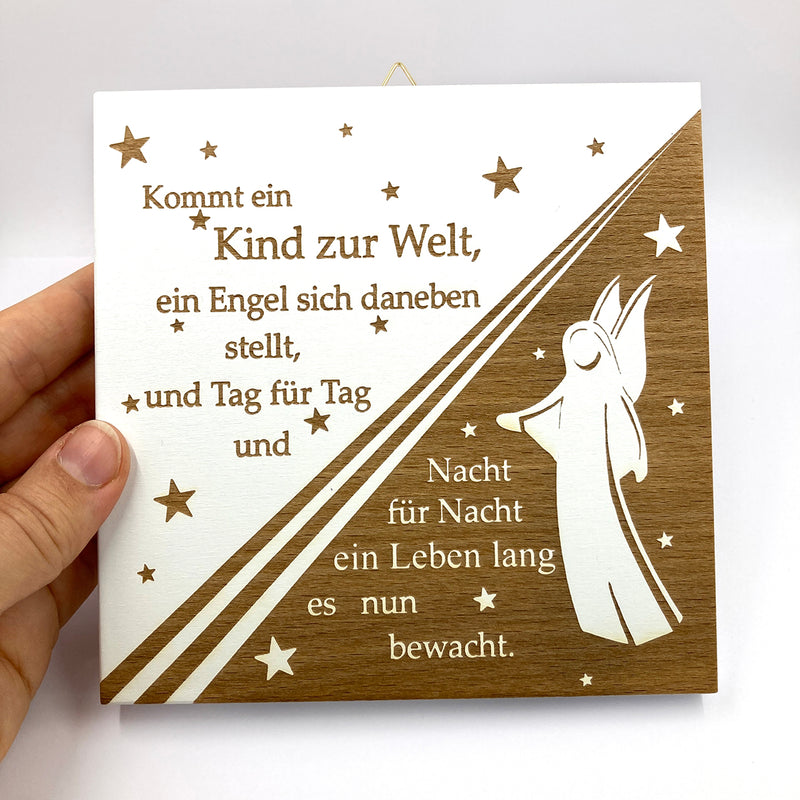 Kinderbild Engelbild Schutzengelbild Holzbild 14 x 14 cm Taufgeschenk für Jungen Mädchen Kinder Baby GEschenk zur Geburt Babyparty nachhaltig hochwertig Holzbild für Kinder Sterne Engelmotiv