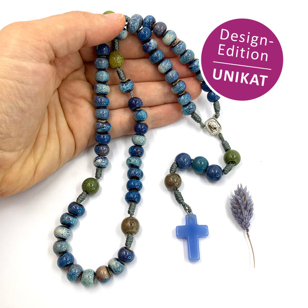 Design-Rosenkranz, Unikat, besonderer Kommunionsrosenkranz, individuell, handgeknüpft, geknüpft,, Individueller Rosenkranz für Frauen, Mädchen, Jungen, Geschenk zur Firmung, Erstkommunion, Taufe,  Rosenkranz, Geschenk Konfirmation Mädchen, Jungen, blau, hellblau, dunkelblau, Keramik, Kermaikperlen