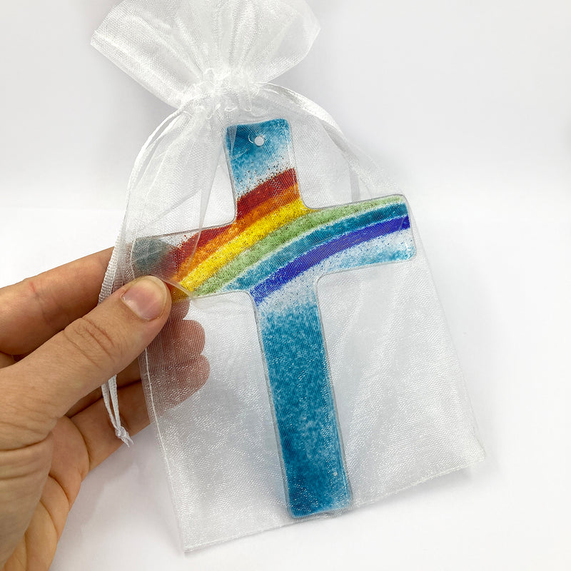 Kreuz aus Glas, Regenbogen, 14 cm