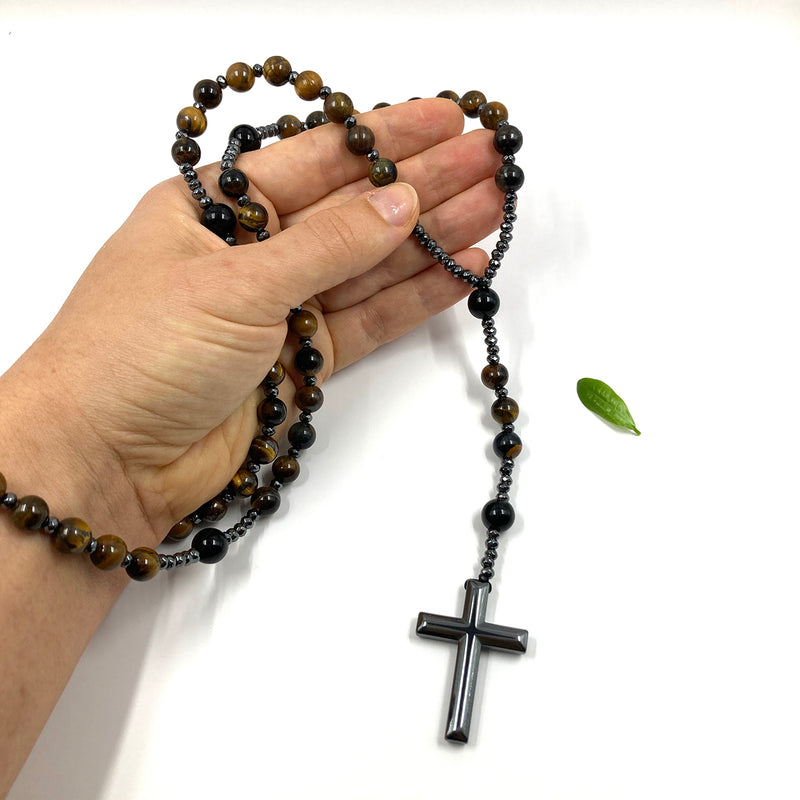 Großer Rosenkranz zum Umhängen Rosenkranzkette Kette katholisch Geschenk Mann Männerrosenkranz edelstein geknüpft schönes kreuz edelsteinkreuz hämatit blutstein Labradorit schwarz Tigerauge braun dunkelbraun