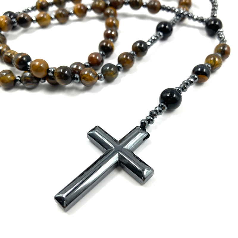 Großer Rosenkranz zum Umhängen Rosenkranzkette Kette katholisch Geschenk Mann Männerrosenkranz edelstein geknüpft schönes kreuz edelsteinkreuz hämatit blutstein Labradorit schwarz Tigerauge braun dunkelbraun