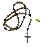 Großer Rosenkranz zum Umhängen Rosenkranzkette Kette katholisch Geschenk Mann Männerrosenkranz edelstein geknüpft schönes kreuz edelsteinkreuz hämatit blutstein Labradorit schwarz Tigerauge braun dunkelbraun