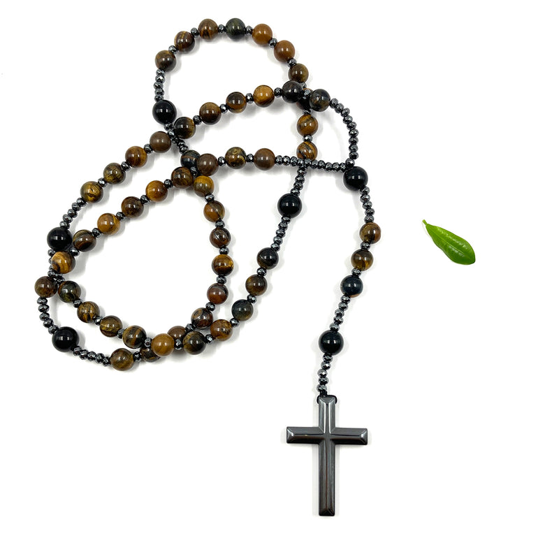 Großer Rosenkranz zum Umhängen Rosenkranzkette Kette katholisch Geschenk Mann Männerrosenkranz edelstein geknüpft schönes kreuz edelsteinkreuz hämatit blutstein Labradorit schwarz Tigerauge braun dunkelbraun